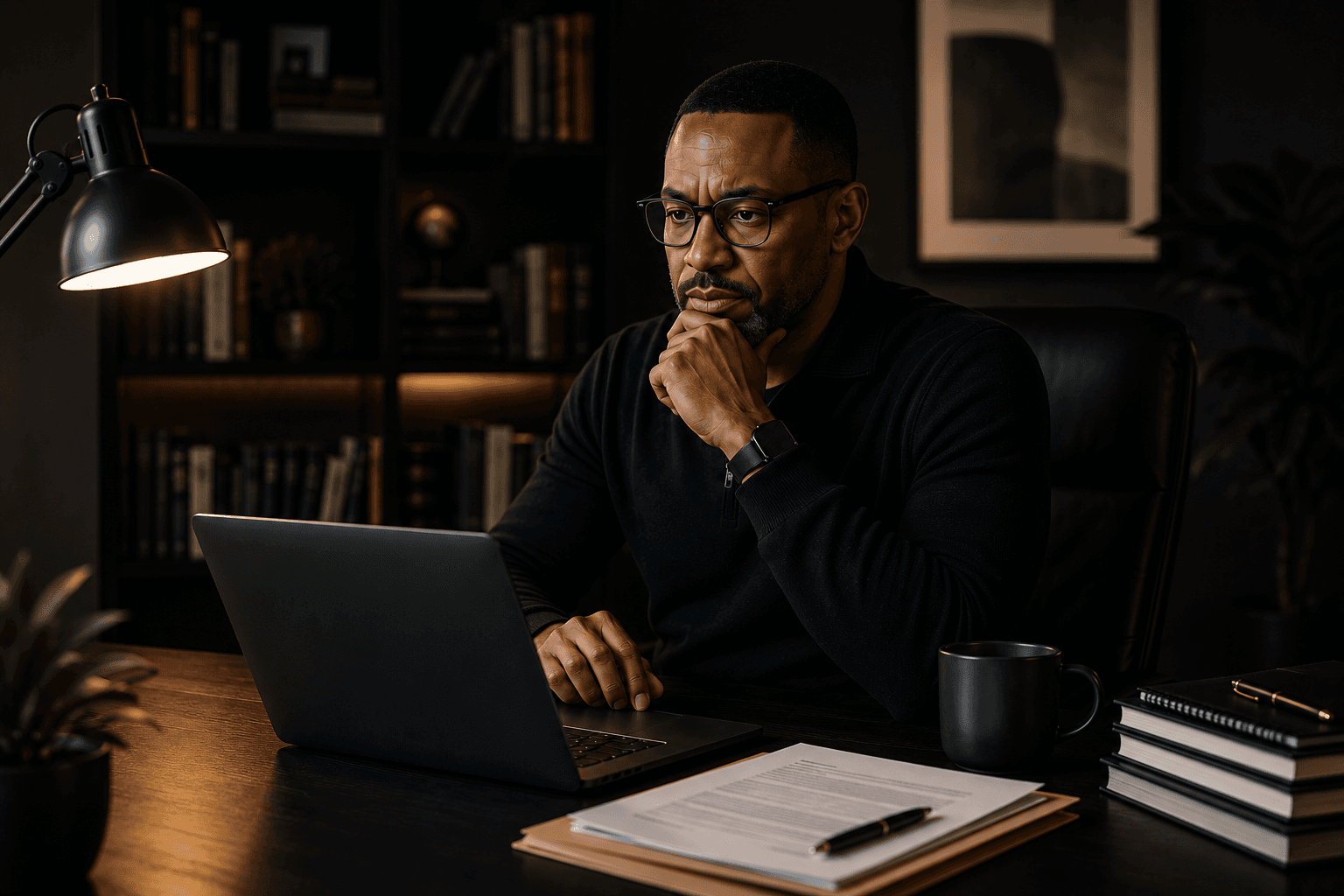 Man reviewing evidence at a desk with a laptop